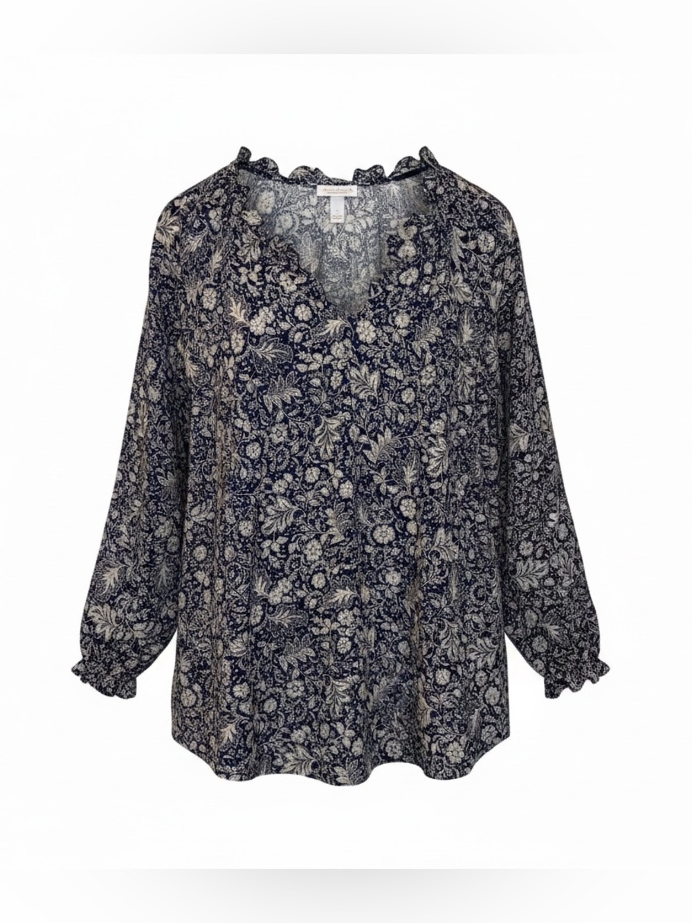 Navy Floral Ruffle V-Neck Long-Sleeve Blouse